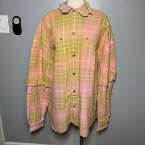 MNML Men’s Pink Dip Fade Flannel Shirt, XXL